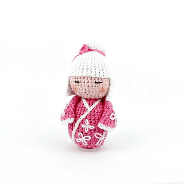 Kokeshi Handmade Crochet Amigurumi Light Pink Dress White Hair 1 Bum on White Background