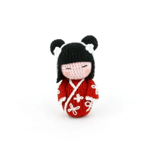 Kokeshi Handmade Crochet Amigurumi Red Dress Black Hair 2 Bums on White Background