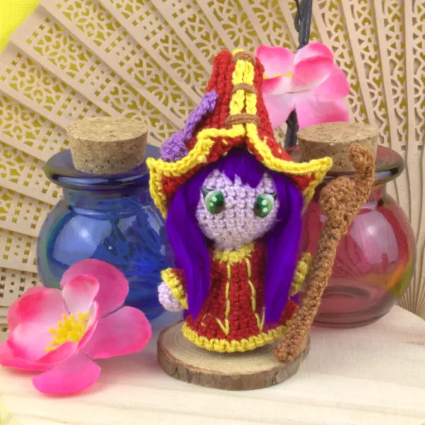 League of Legends Lulu Crochet Amigurumi next to mana and health potions