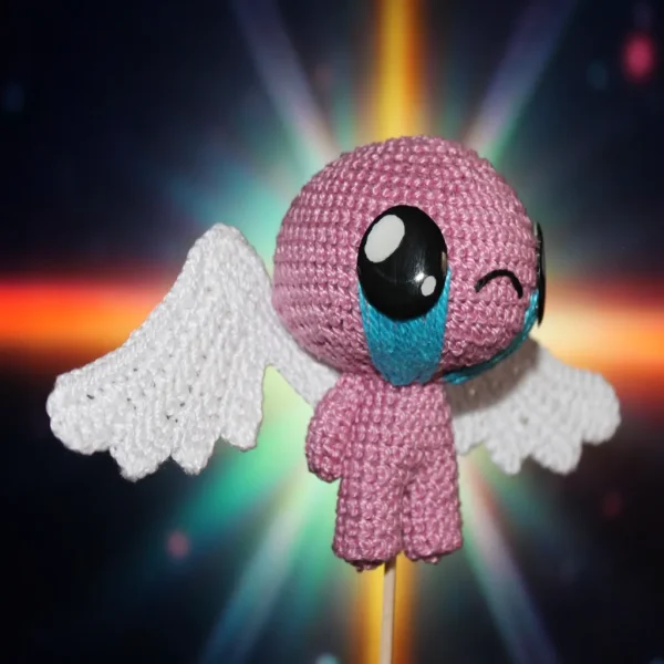 Winged Isaac Crochet Amigurumi over cosmic background