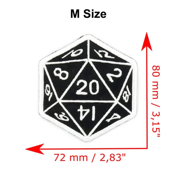 Black d20 dice Embroidery Patch measurements over white background