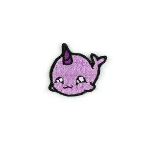 Purple Kawaii Narwhal Embroidered Patch over white background