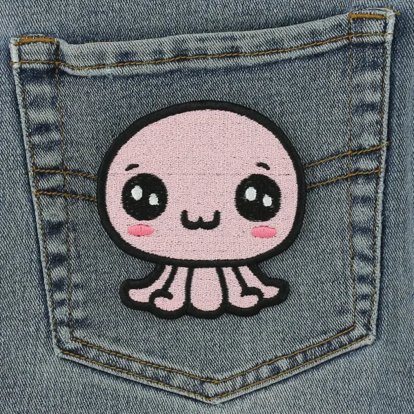 Pink Kawaii Octopus Embroidered Patch on Black Jeans