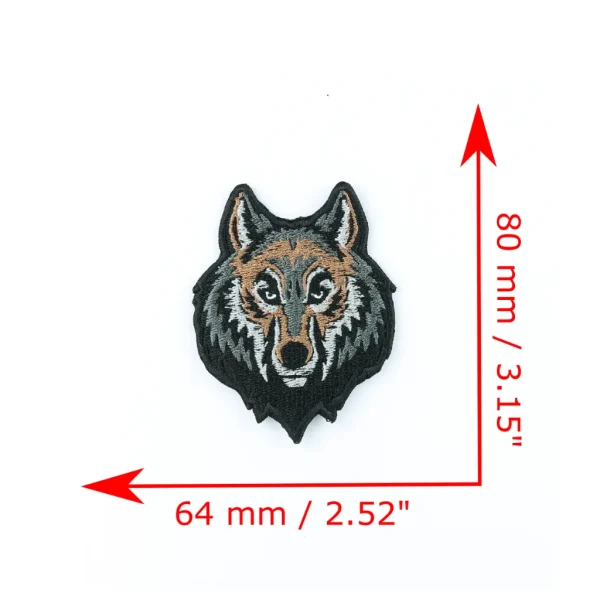 Wolf Head Embroidered Patch measurements over white background