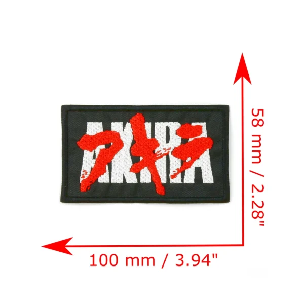 AKIRA Logo Embroidered Patch in Red Black and White measurements over white background