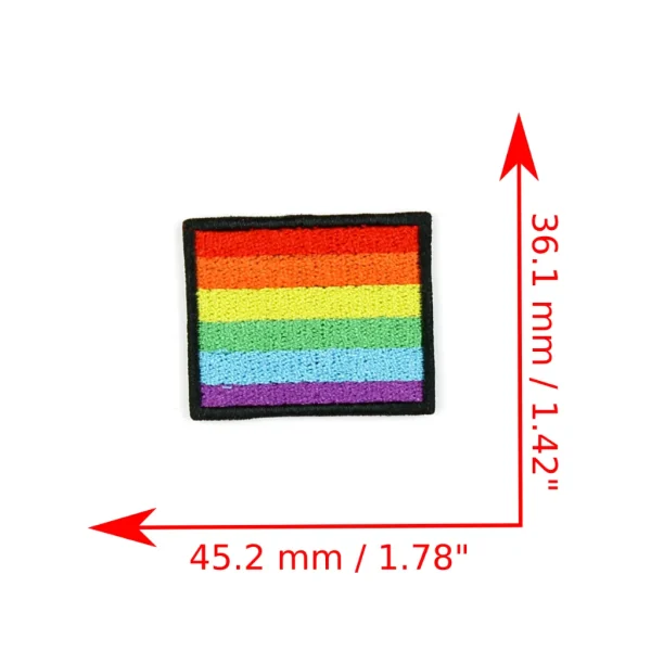 LGBTQ+ Flag Embroidered Patch measurements over white background