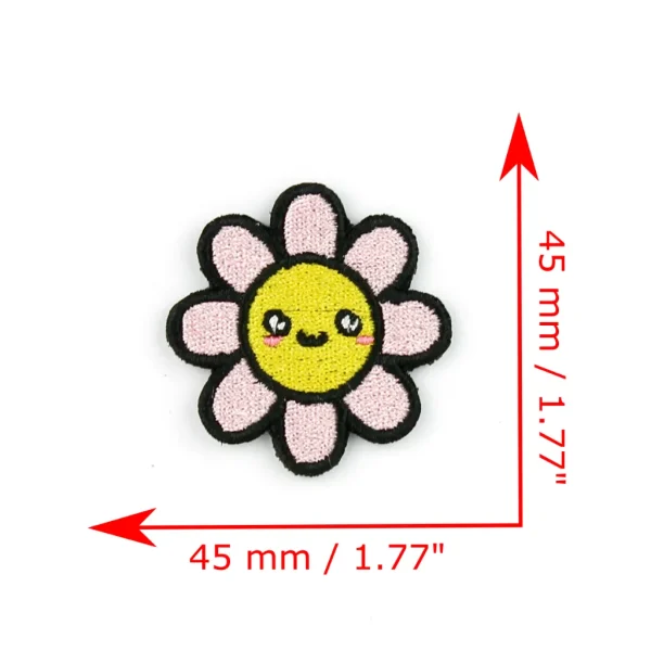 Kawaii Pink Flower Embroidered Patch measurements over white background