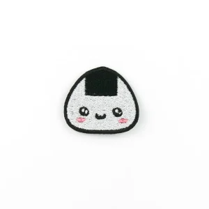 Black and White Kawaii Onigiri Embroidered Patch over white background