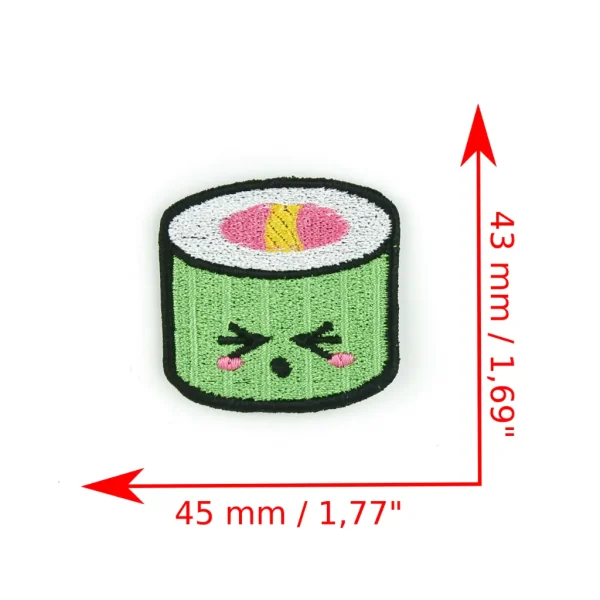 Green Kawaii Sushi Embroidered Patch measurements over white background