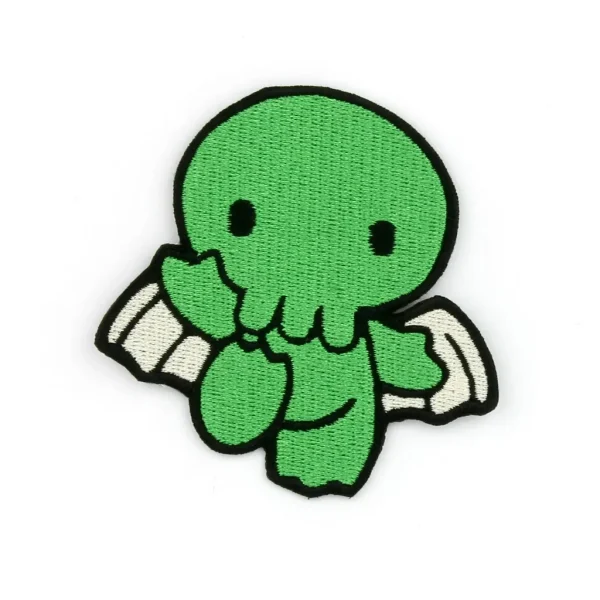 Green Kawaii Cthulhu Embroidered Patch over white background