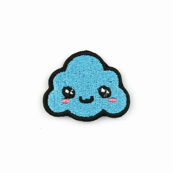 Blue Kawaii Cloud Embroidered Patch over white background