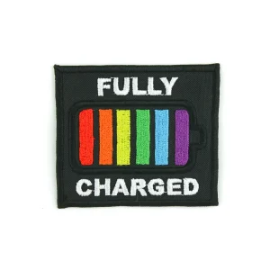 rainbow battery Fully Charged Embroidered Patch over white background