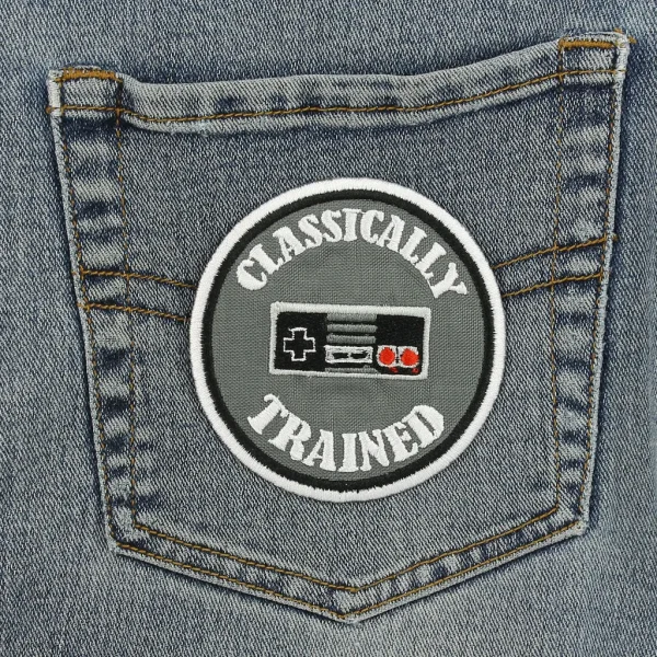 nes controller Classically Trained 8-bits Embroidered Patch on black jeans