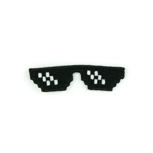 Black and white Pixelated Glasses Embroidered Patch over white background