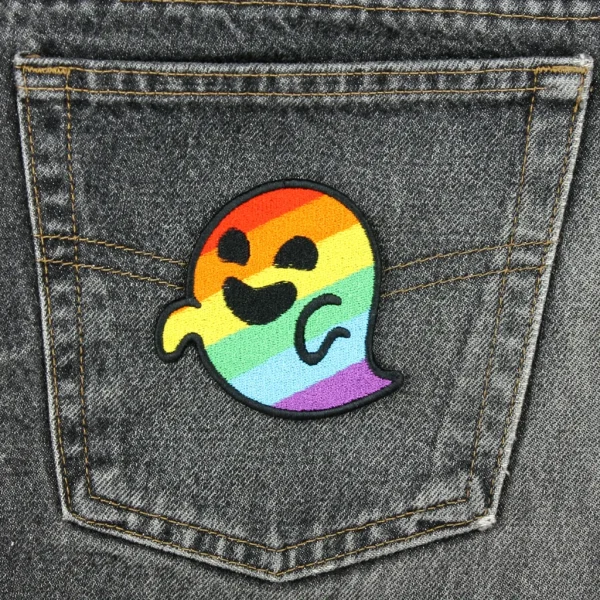 Medium rainbow ghost Machine Embroidery Patch Meme LGBT Gaysper on Black Jeans