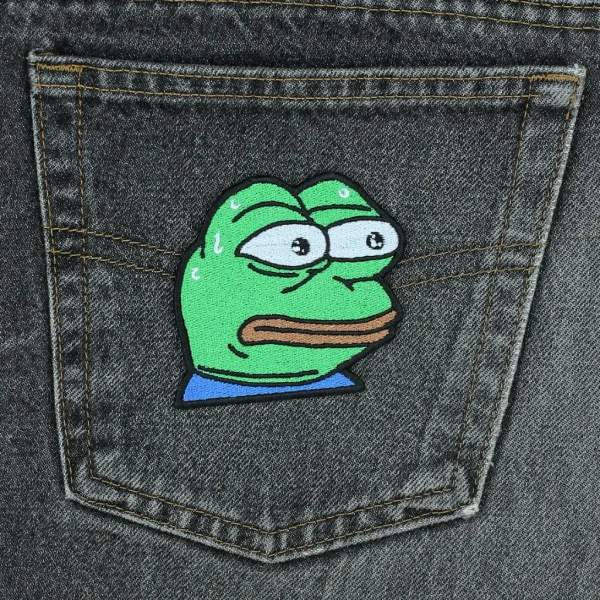 medium pepe the frog stressed MonkaS Emote Embroidered Patch on black jeans