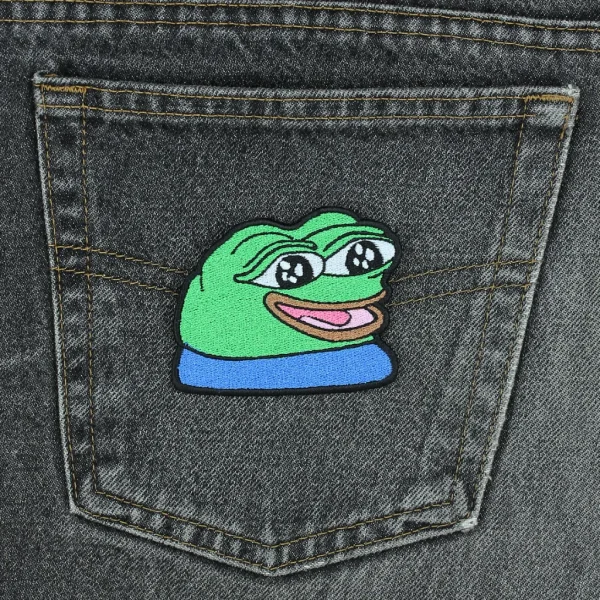 medium Cute pepe the frog Peepo Emote Embroidered Patch on black jeans