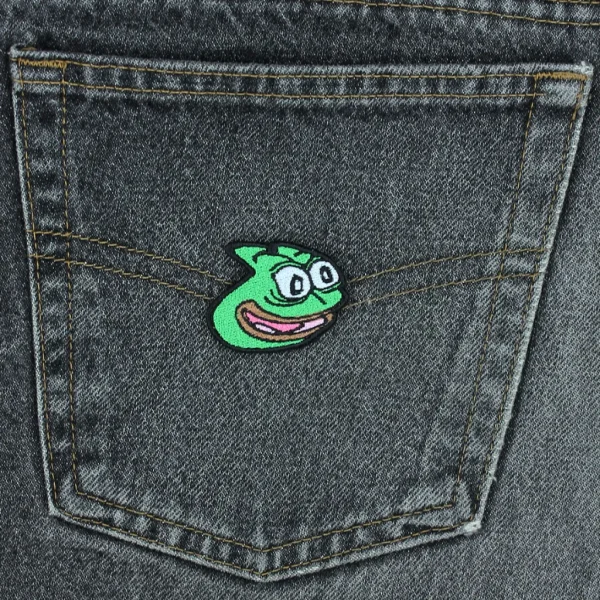 small medium Pepe the Frog Pepega Emote Embroidered Patch on black jeans