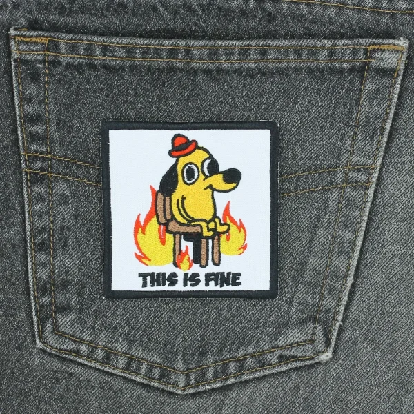 cartoon dog on fire This is Fine Embroidered Patch on black jeans