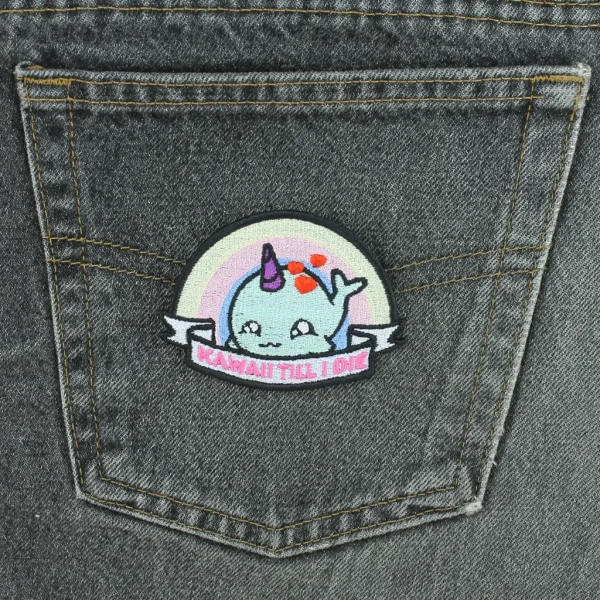 Kawaii Till I Die Embroidered Patch on black jeans