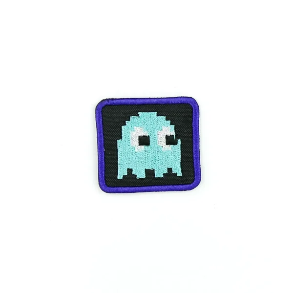 Blue Pixel Ghost Embroidered Patch over white background