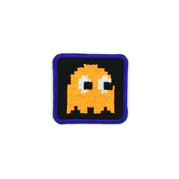 Orange Pixel Ghost Embroidered Patch over white blackground