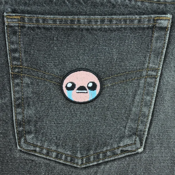 Small Isaac BibleThump Twitch Emote Embroidered Patch on Black Jeans