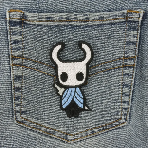 Hollow Knight The Knight Embroidered Patch on black jeans