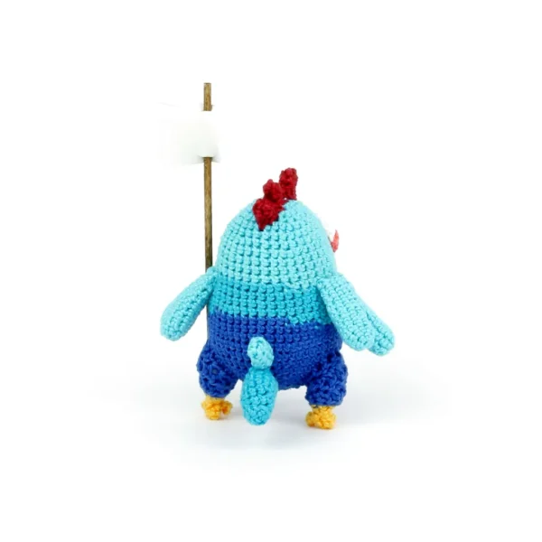 Blue Chicken Crochet Amigurumi back view holding a flag