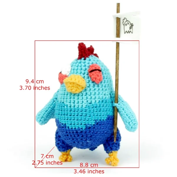 Blue Chicken Crochet Amigurumi holding a flag measurements