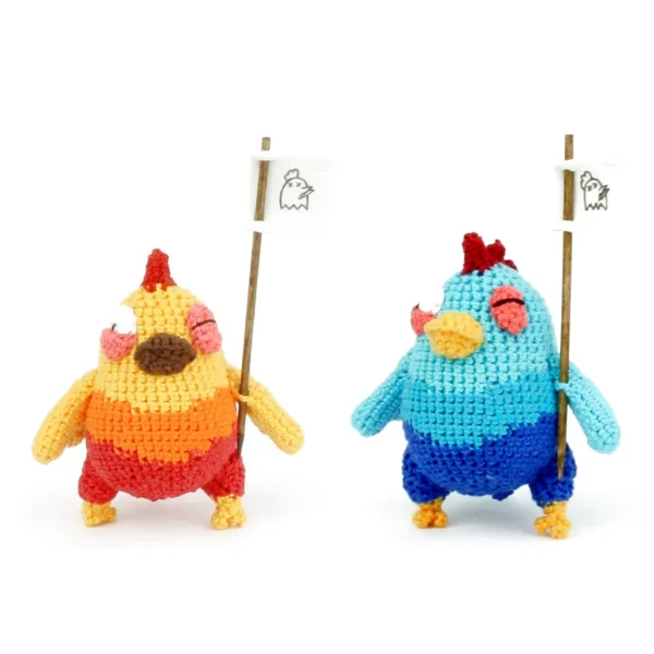 Orange and Blue Chicken Crochet Amigurumi holding a flag over white background