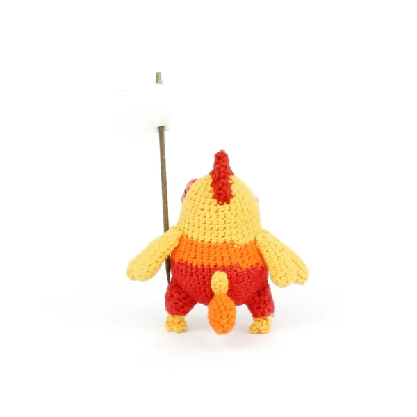 Orange Chicken Crochet Amigurumi holding a flag back view over white background