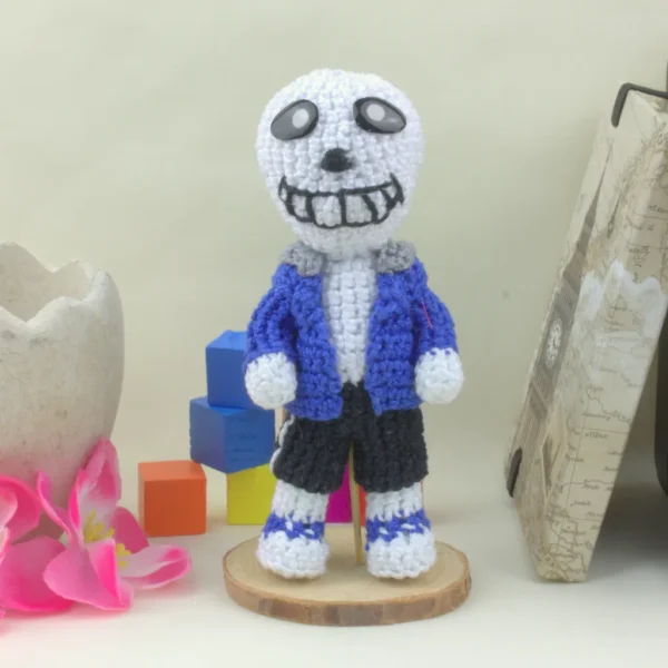 Undertale Sans Crochet Amigurumi next to colorful cubes