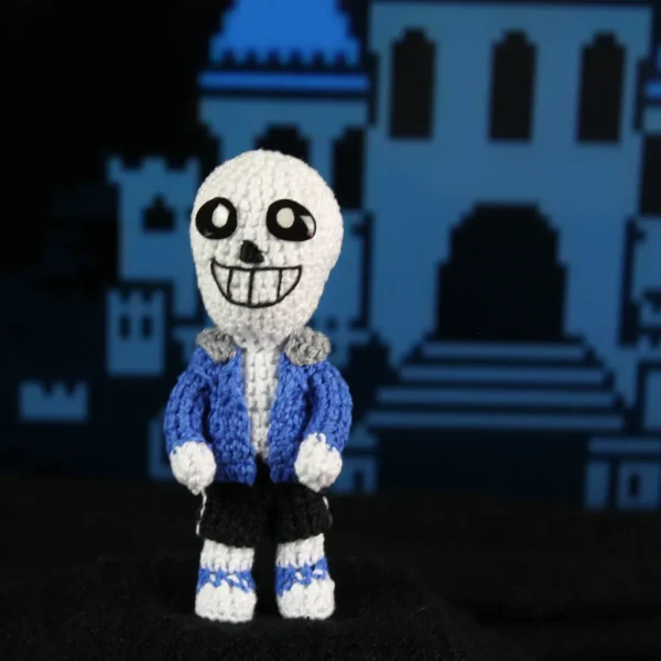 Undertale Sans Crochet Amigurumi over game screen