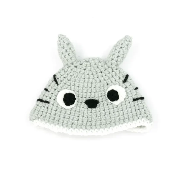 Cute Grey Rabbit Handmade Crocheted Beanie over white background baby size