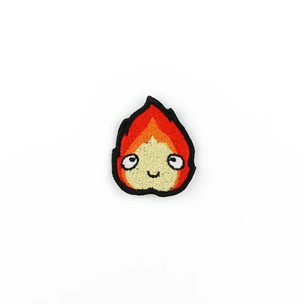 small Calcifer Anime Kawaii Fire Embroidered Patch over white background