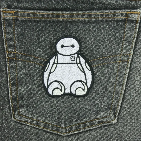 Medium Baymax Kawaii Robot Embroidered Patch on black jeans