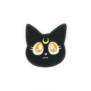 Black Moon Cat Embroidered Patch over white background