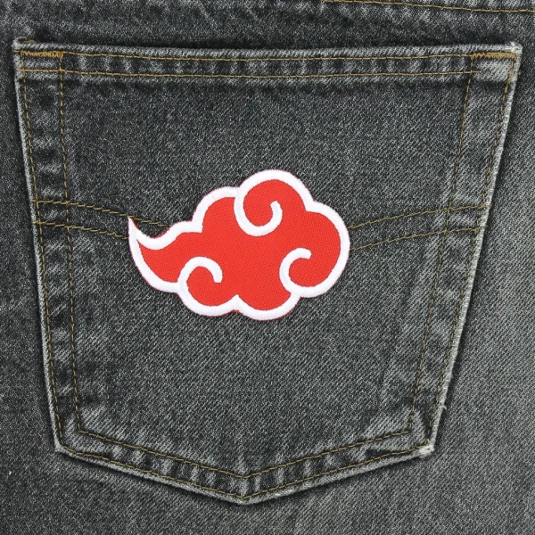 Akatsuki Red Cloud Embroidered Patch on black jeans