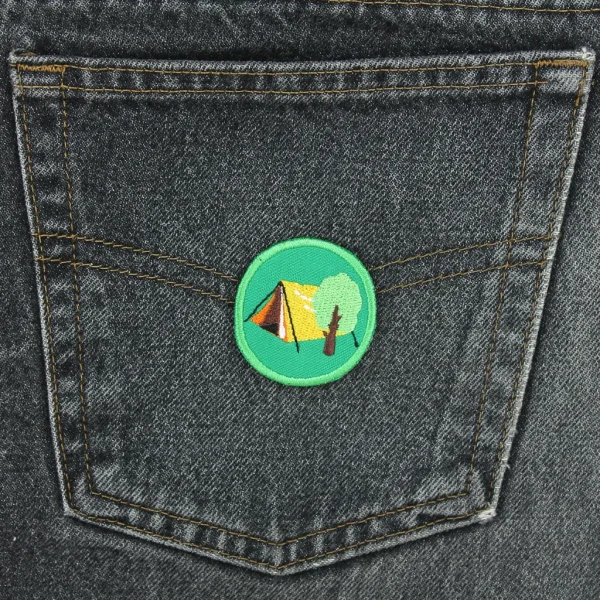 Scout Tent Embroidered Patch on black jeans