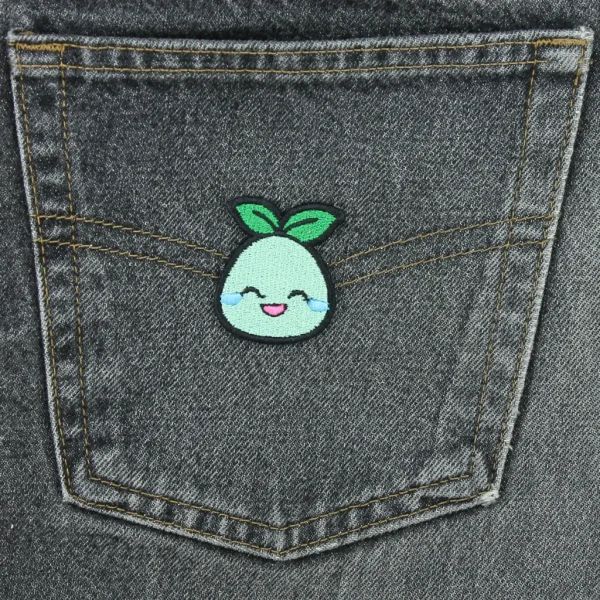 Mokoko Emote Embroidered Patch lol on black jeans