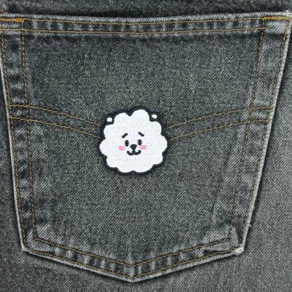 Kpop Kawaii White Puppy Embroidered Patch on black jeans