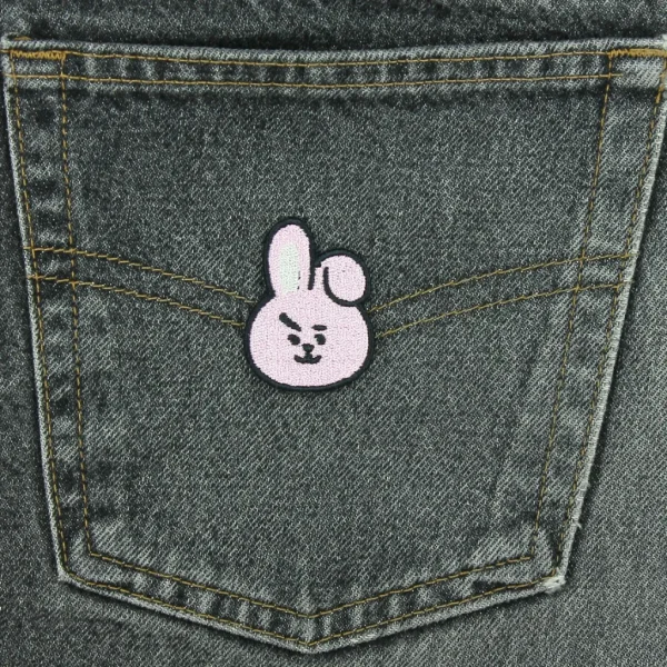 Kpop Kawaii Pink Bunny Embroidered Patch on black jeans