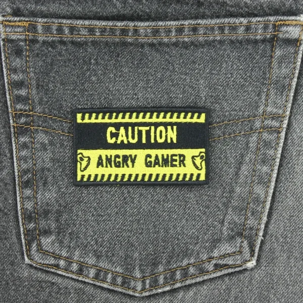 Yellow and Black Caution Angry Gamer Embroidered Patch on jeans