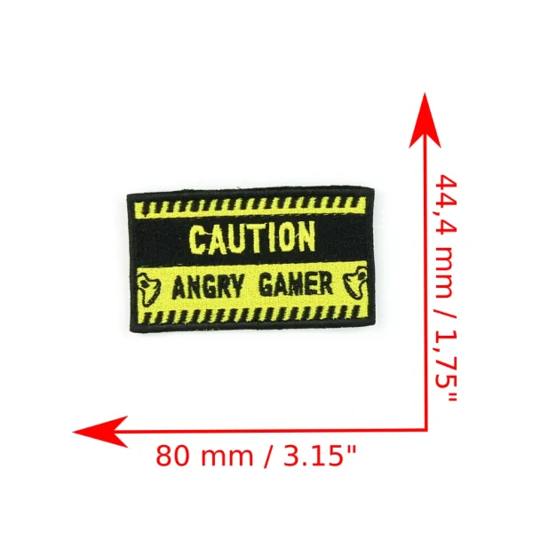 Yellow and Black Caution Angry Gamer Embroidered Patch measurements