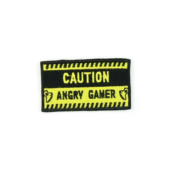 Yellow and Black Caution Angry Gamer Embroidered Patch over white background