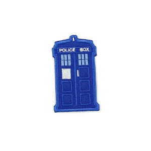 Blue Police Box Embroidered Patch over white background