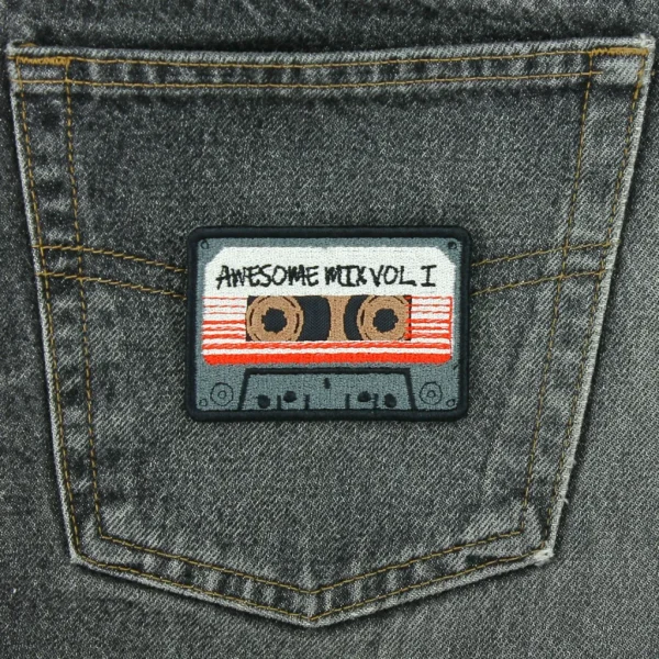 Awesome Mix Cassete Tape Embroidered Patch on black jeans