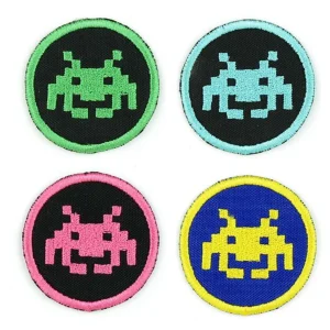 Space Invaders four Pixel Alien Embroidered Patch over white background