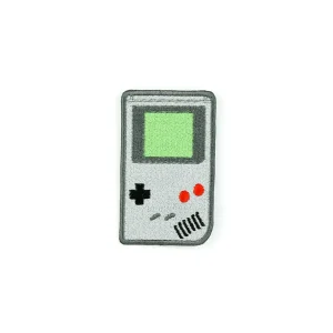 Grey Handheld Game Boy Console Embroidered Patch over white background